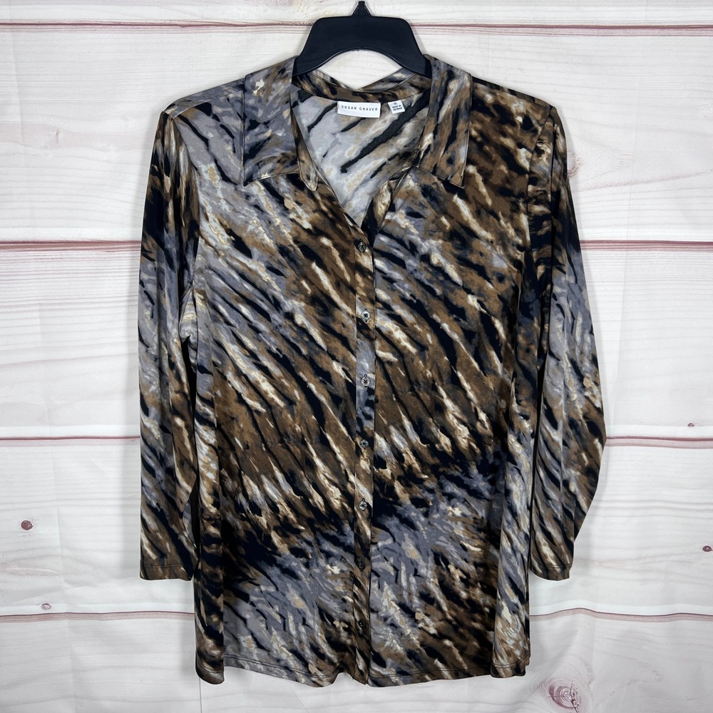 Susan Graver Button Up Top Women 1X Brown Liquid Knit Abstract Animal Blouse